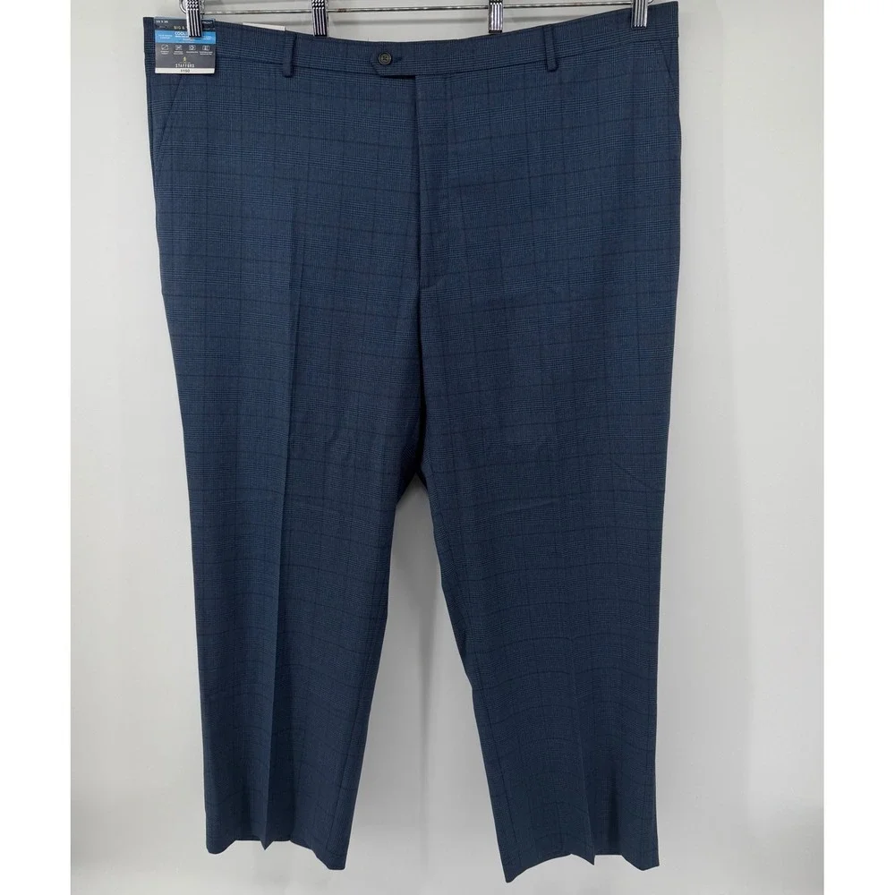 Stafford Dress Pants Mens 50x30 Navy Blue Plaid Coolmax Flat Front Wool Big Tall